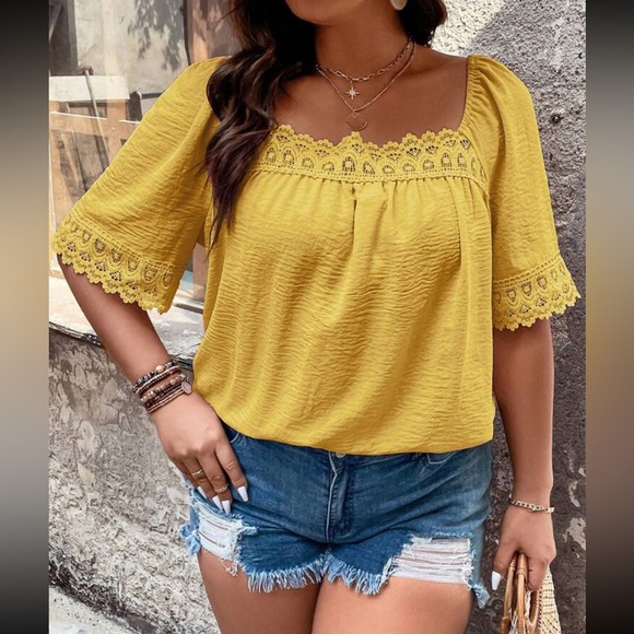 Plus size lace trim square neck blouse - Picture 6 of 16